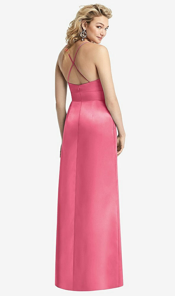 Back View - Punch Pleated Skirt Satin Maxi Dress with Pockets