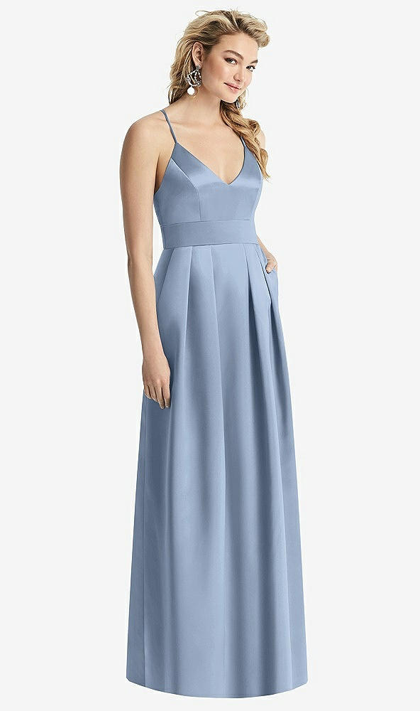 Front View - Cloudy Pleated Skirt Satin Maxi Dress with Pockets