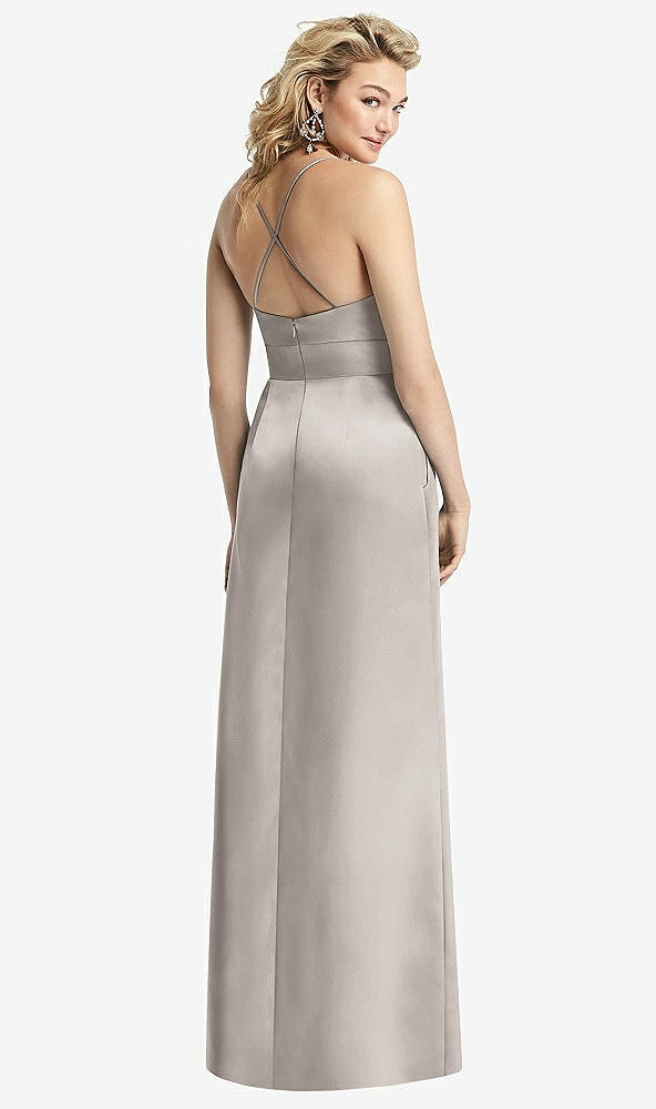 Back View - Taupe Pleated Skirt Satin Maxi Dress with Pockets