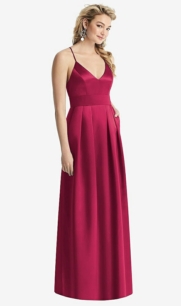 Front View - Valentine Pleated Skirt Satin Maxi Dress with Pockets