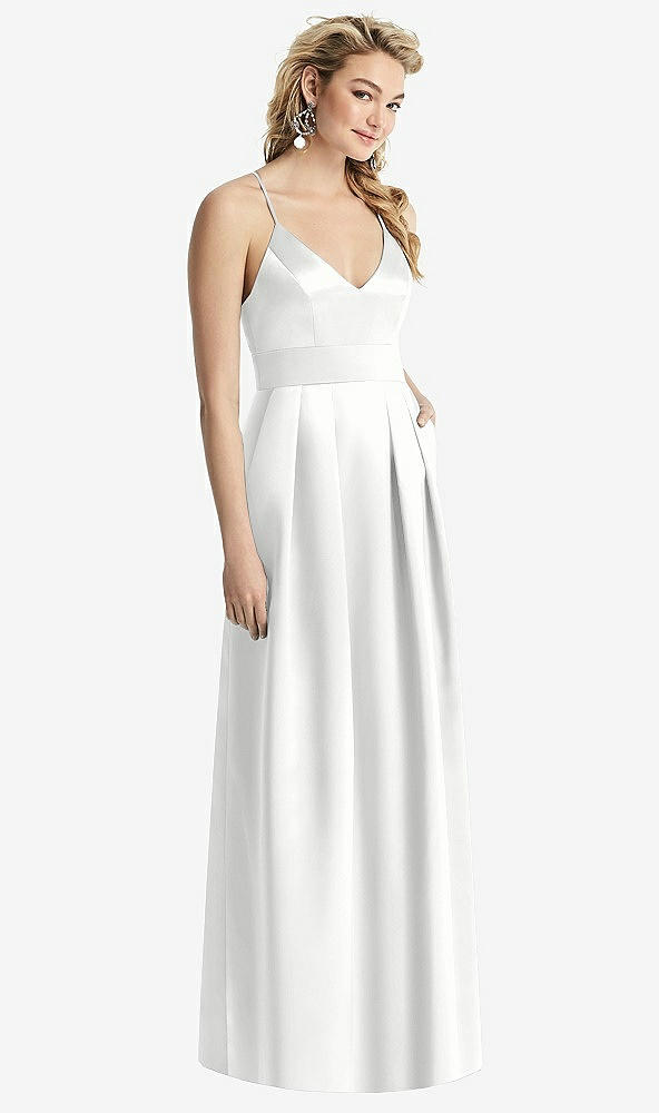 Front View - White Pleated Skirt Satin Maxi Dress with Pockets