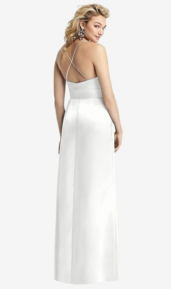Back View - White Pleated Skirt Satin Maxi Dress with Pockets
