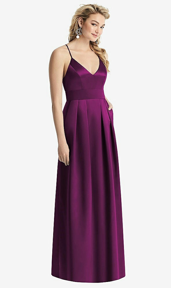 Front View - Wild Berry Pleated Skirt Satin Maxi Dress with Pockets