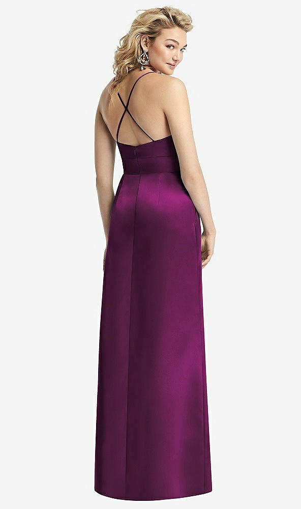 Back View - Wild Berry Pleated Skirt Satin Maxi Dress with Pockets