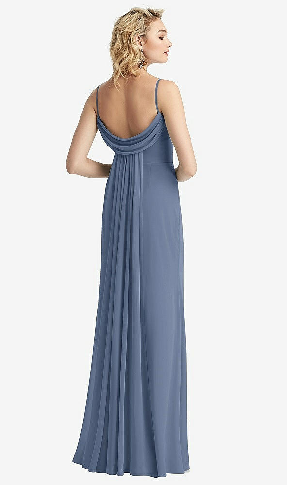 Front View - Larkspur Blue Shirred Sash Cowl-Back Chiffon Trumpet Gown