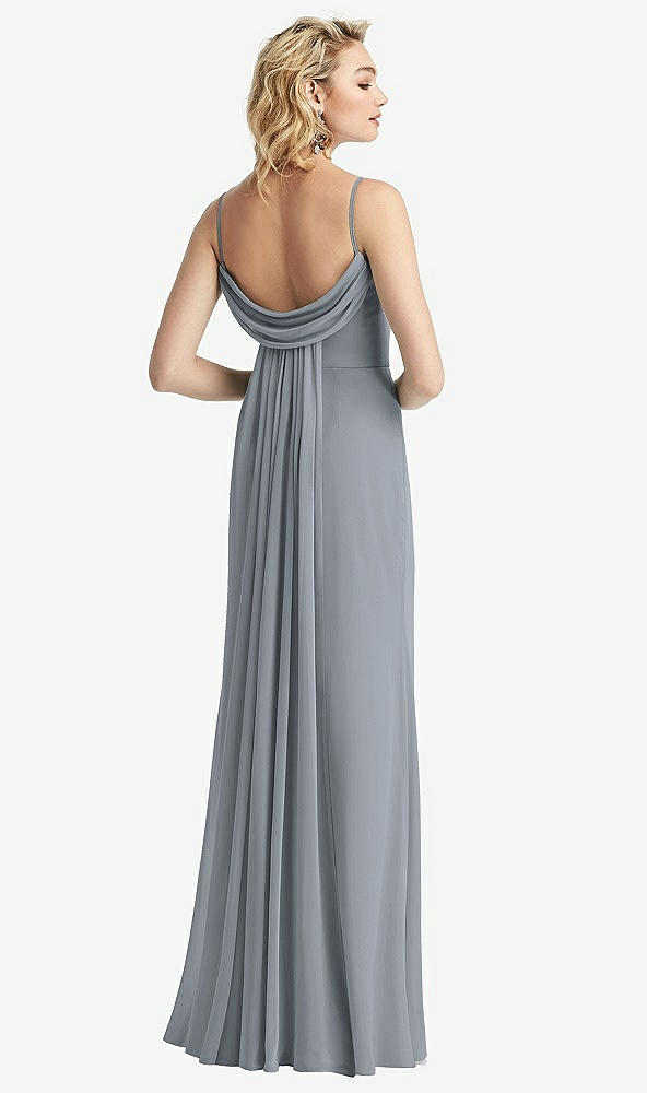 Front View - Platinum Shirred Sash Cowl-Back Chiffon Trumpet Gown