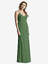 Rear View Thumbnail - Vineyard Green Shirred Sash Cowl-Back Chiffon Trumpet Gown