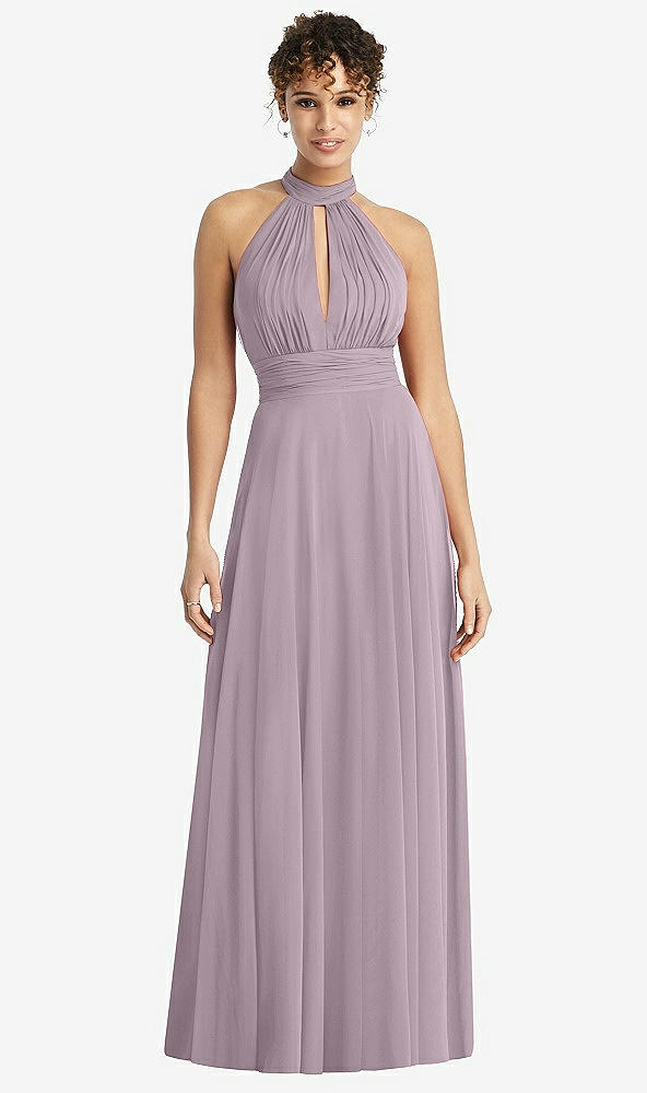 Front View - Lilac Dusk High-Neck Open-Back Shirred Halter Maxi Dress