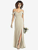 Front View Thumbnail - Champagne Off-the-Shoulder Criss Cross Bodice Trumpet Gown