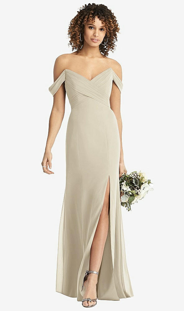 Front View - Champagne Off-the-Shoulder Criss Cross Bodice Trumpet Gown