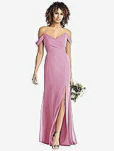 Front View Thumbnail - Powder Pink Off-the-Shoulder Criss Cross Bodice Trumpet Gown