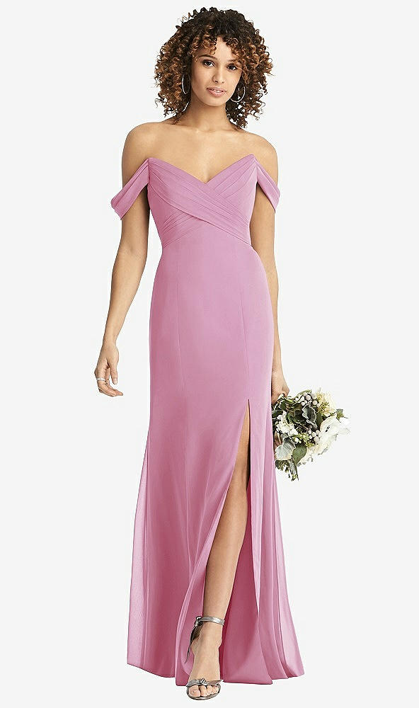 Front View - Powder Pink Off-the-Shoulder Criss Cross Bodice Trumpet Gown