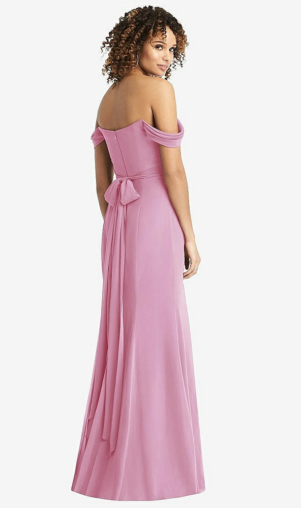 Back View - Powder Pink Off-the-Shoulder Criss Cross Bodice Trumpet Gown