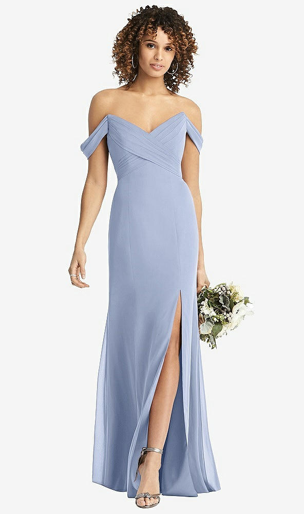 Front View - Sky Blue Off-the-Shoulder Criss Cross Bodice Trumpet Gown