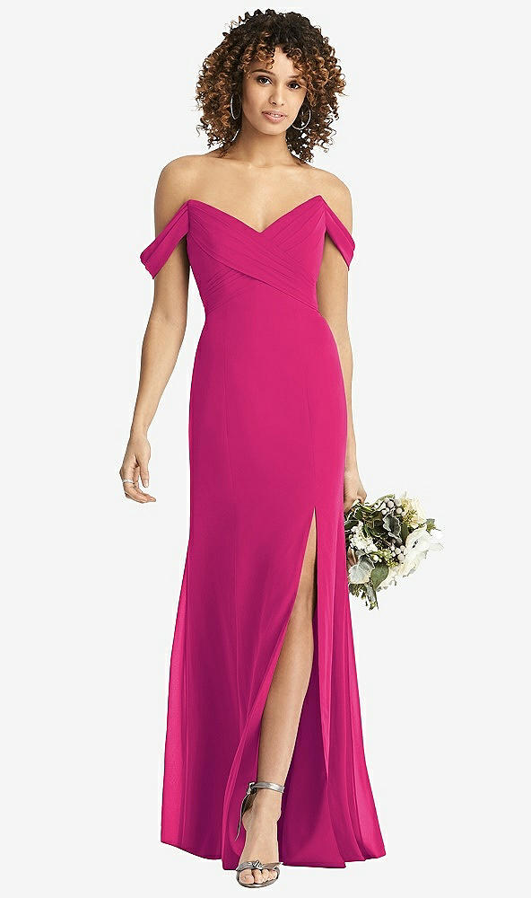 Front View - Think Pink Off-the-Shoulder Criss Cross Bodice Trumpet Gown