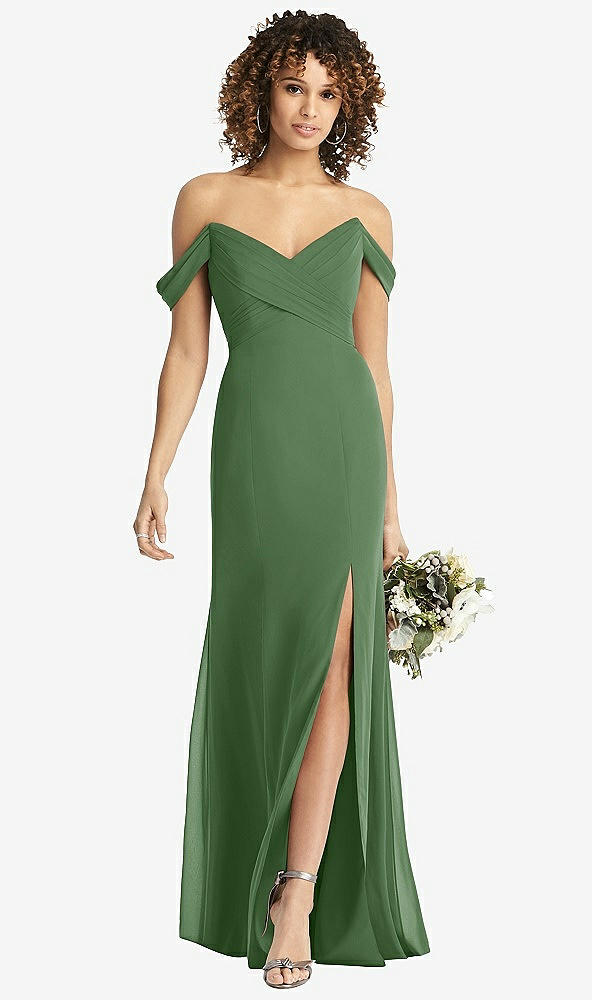 Front View - Vineyard Green Off-the-Shoulder Criss Cross Bodice Trumpet Gown