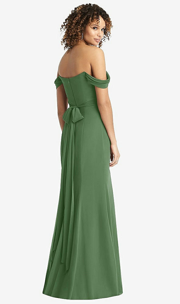 Back View - Vineyard Green Off-the-Shoulder Criss Cross Bodice Trumpet Gown