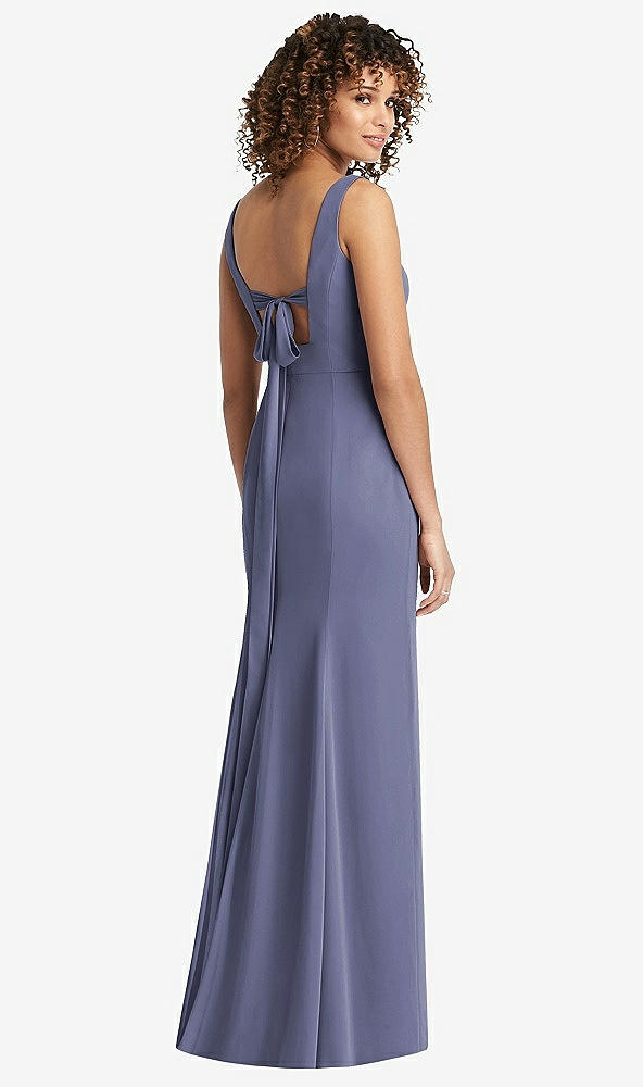 Front View - French Blue Sleeveless Tie Back Chiffon Trumpet Gown