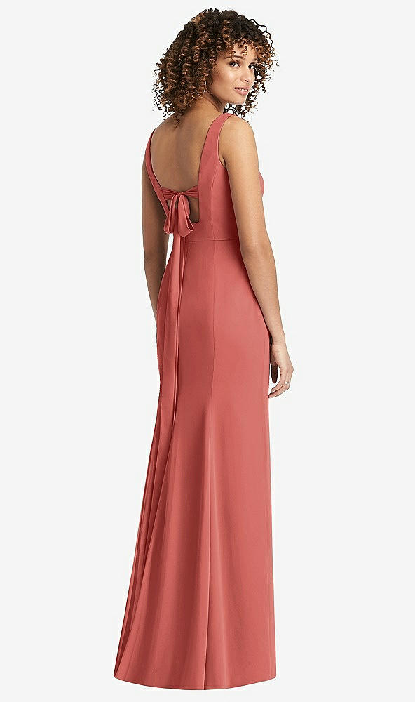 Front View - Coral Pink Sleeveless Tie Back Chiffon Trumpet Gown