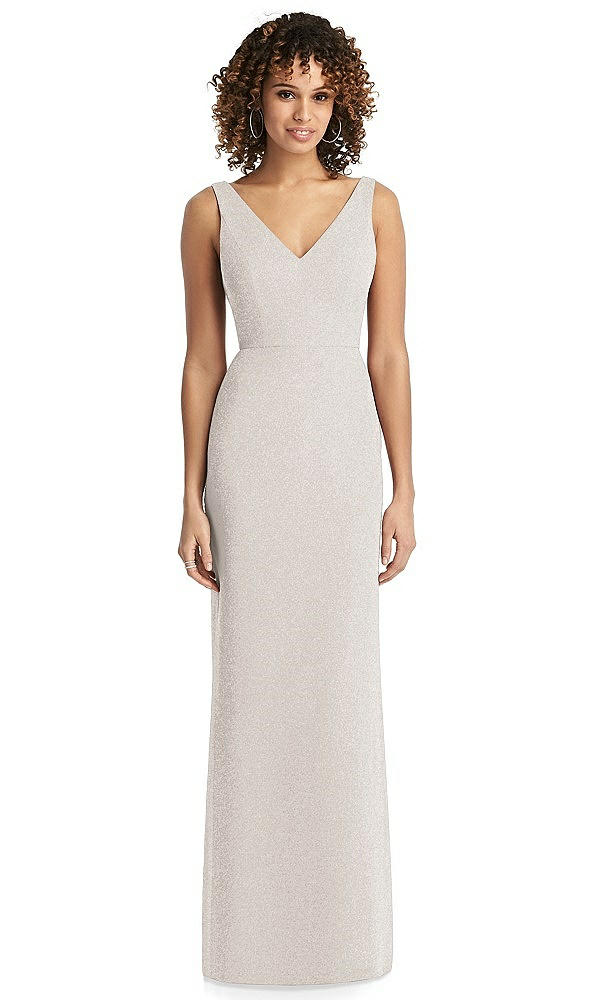 Front View - Taupe Silver Shimmer V-Neck Trumpet Dress with Back Tie