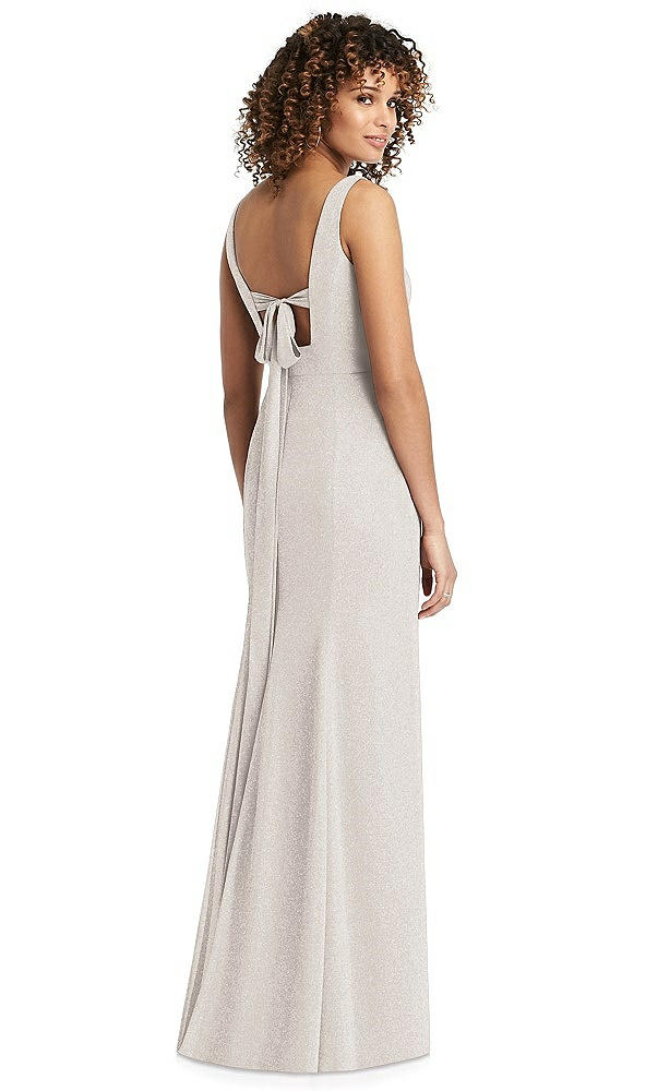 Back View - Taupe Silver Shimmer V-Neck Trumpet Dress with Back Tie