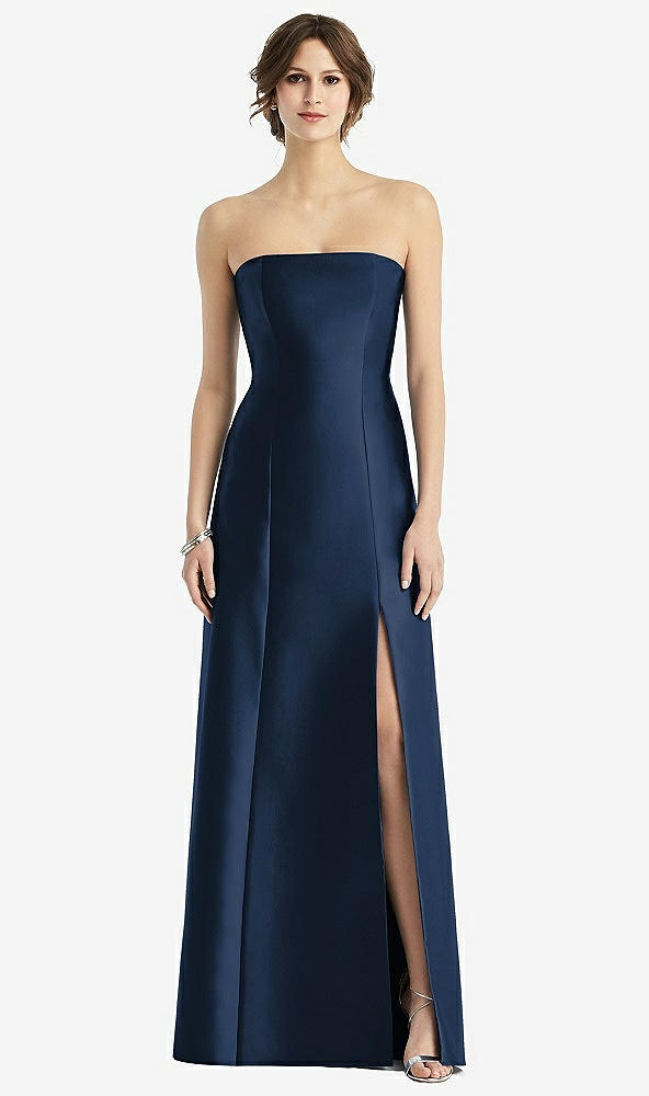 Front View - Midnight Navy Strapless Satin Trumpet Gown with Front Slit