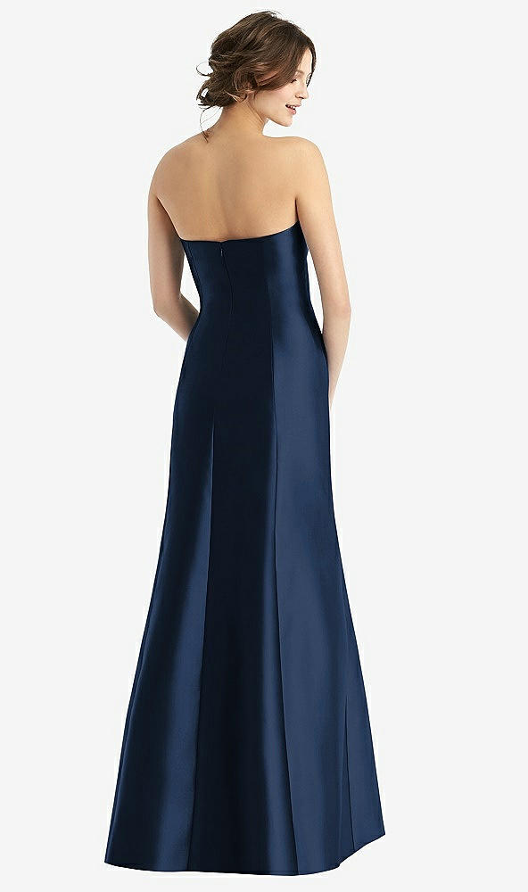 Back View - Midnight Navy Strapless Satin Trumpet Gown with Front Slit
