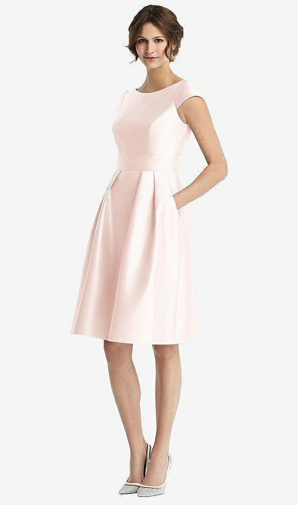 Front View - Blush Cap Sleeve Pleated Cocktail Dress with Pockets