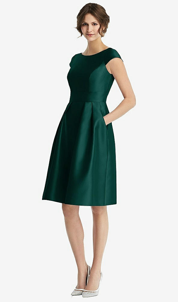 Front View - Evergreen Cap Sleeve Pleated Cocktail Dress with Pockets