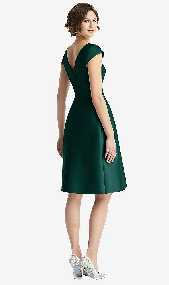 Back View - Evergreen Cap Sleeve Pleated Cocktail Dress with Pockets