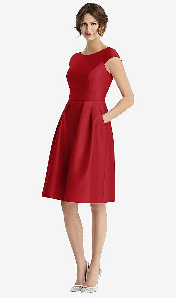 Front View - Garnet Cap Sleeve Pleated Cocktail Dress with Pockets