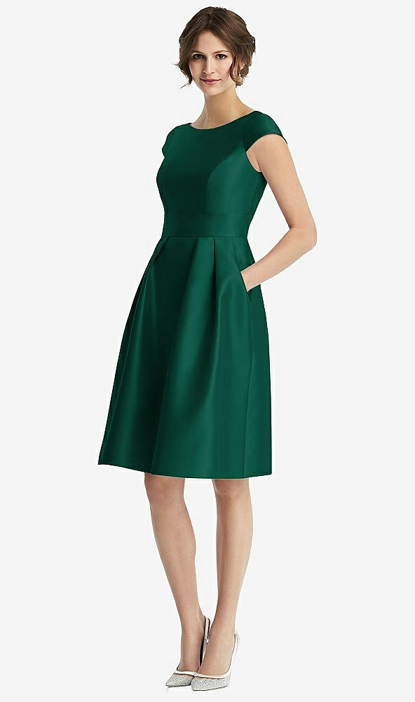 Front View - Hunter Green Cap Sleeve Pleated Cocktail Dress with Pockets