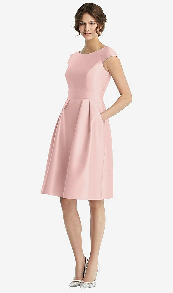 Front View - Rose - PANTONE Rose Quartz Cap Sleeve Pleated Cocktail Dress with Pockets