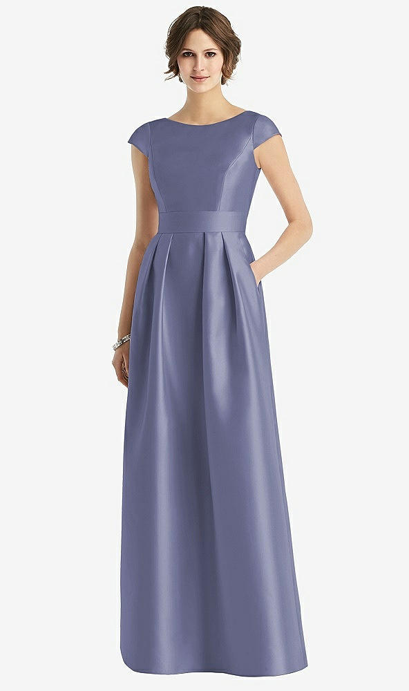 Front View - French Blue Cap Sleeve Pleated Skirt Dress with Pockets