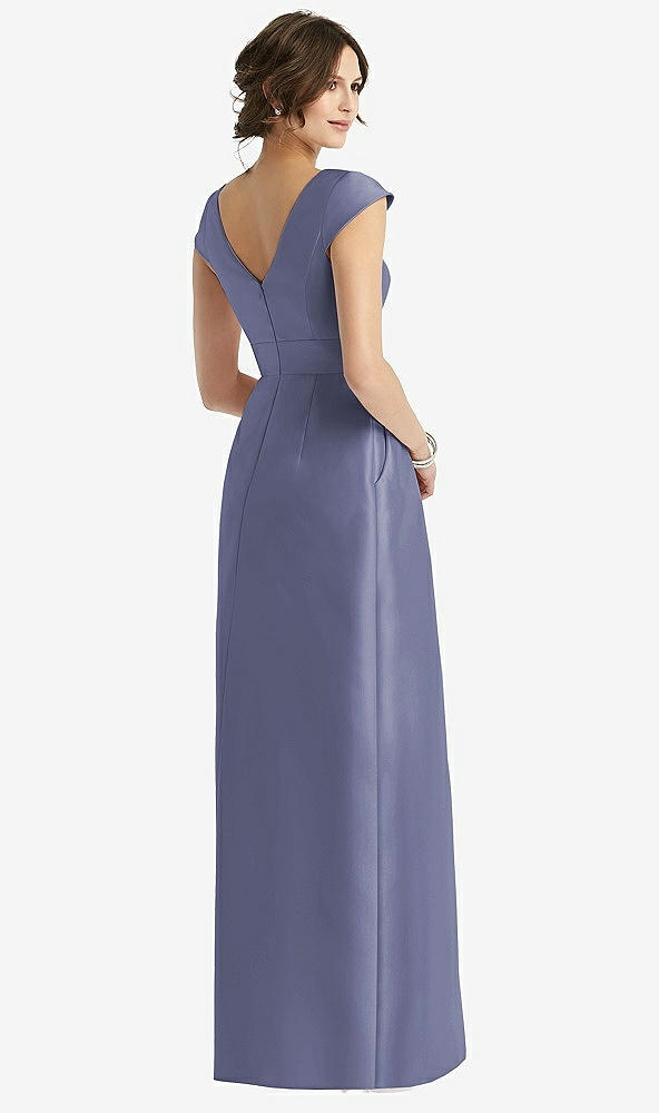 Back View - French Blue Cap Sleeve Pleated Skirt Dress with Pockets