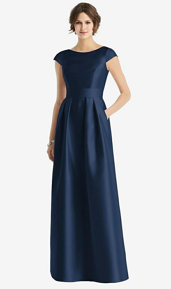 Front View - Midnight Navy Cap Sleeve Pleated Skirt Dress with Pockets