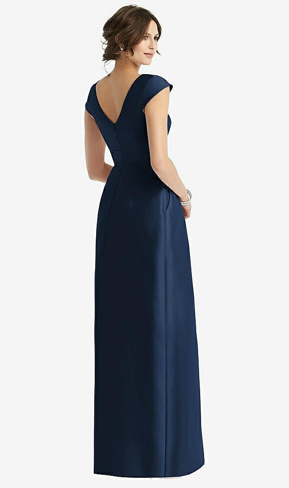 Back View - Midnight Navy Cap Sleeve Pleated Skirt Dress with Pockets