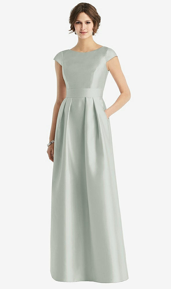 Front View - Willow Green Cap Sleeve Pleated Skirt Dress with Pockets