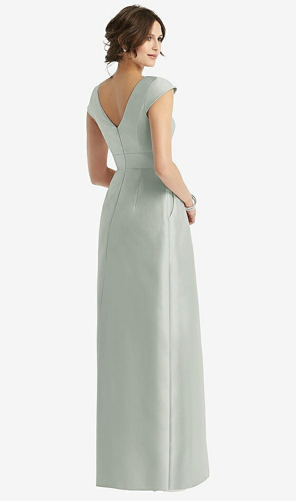 Back View - Willow Green Cap Sleeve Pleated Skirt Dress with Pockets