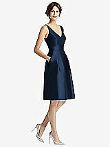 Front View Thumbnail - Midnight Navy V-Neck Pleated Skirt Cocktail Dress with Pockets