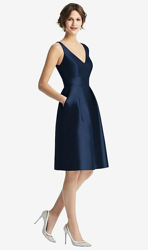Front View - Midnight Navy V-Neck Pleated Skirt Cocktail Dress with Pockets