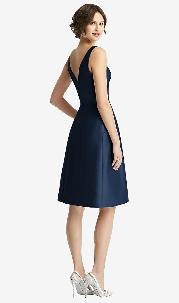 Back View - Midnight Navy V-Neck Pleated Skirt Cocktail Dress with Pockets