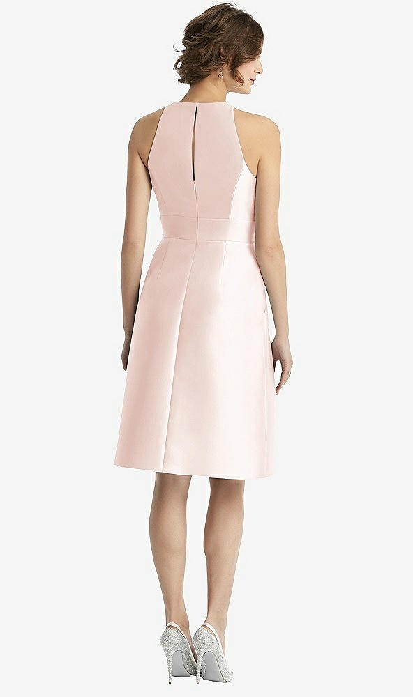 Back View - Blush High-Neck Satin Cocktail Dress with Pockets