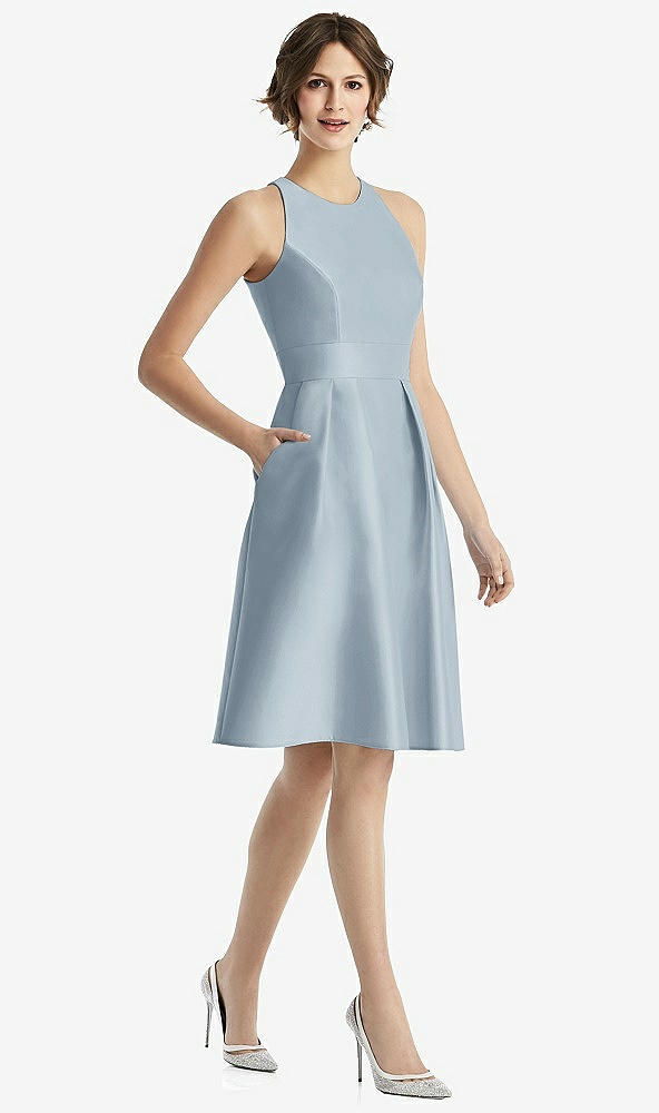 Front View - Mist High-Neck Satin Cocktail Dress with Pockets
