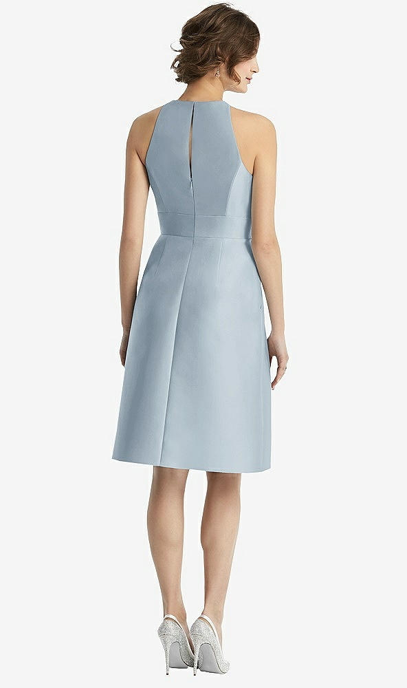 Back View - Mist High-Neck Satin Cocktail Dress with Pockets