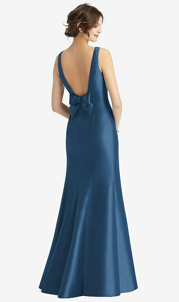 Back View - Dusk Blue Sleeveless Satin Trumpet Gown with Bow at Open-Back