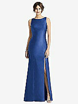 Front View Thumbnail - Classic Blue Sleeveless Satin Trumpet Gown with Bow at Open-Back