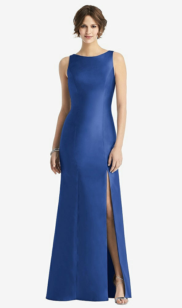 Front View - Classic Blue Sleeveless Satin Trumpet Gown with Bow at Open-Back