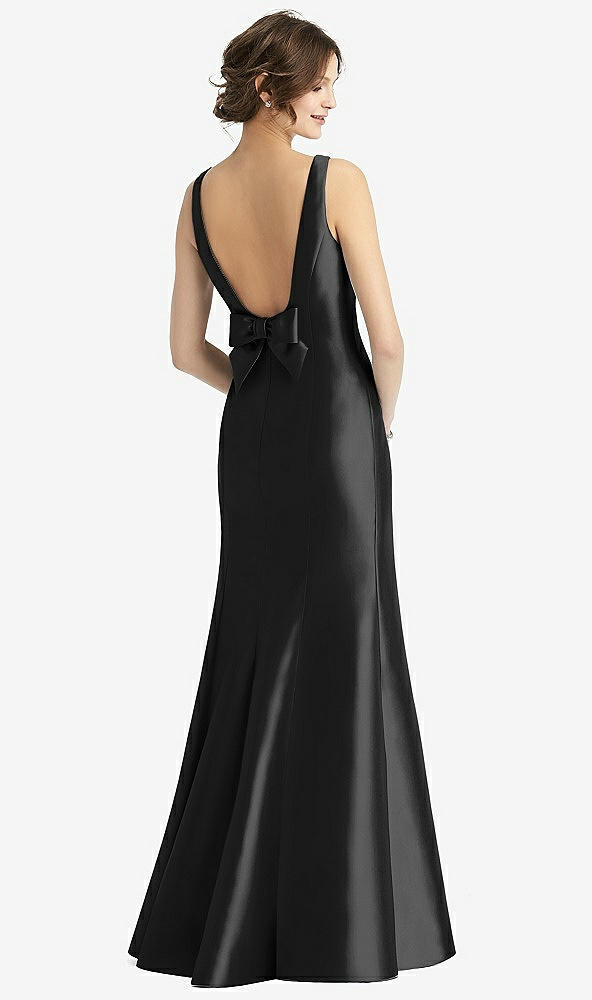 Back View - Black Sleeveless Satin Trumpet Gown with Bow at Open-Back