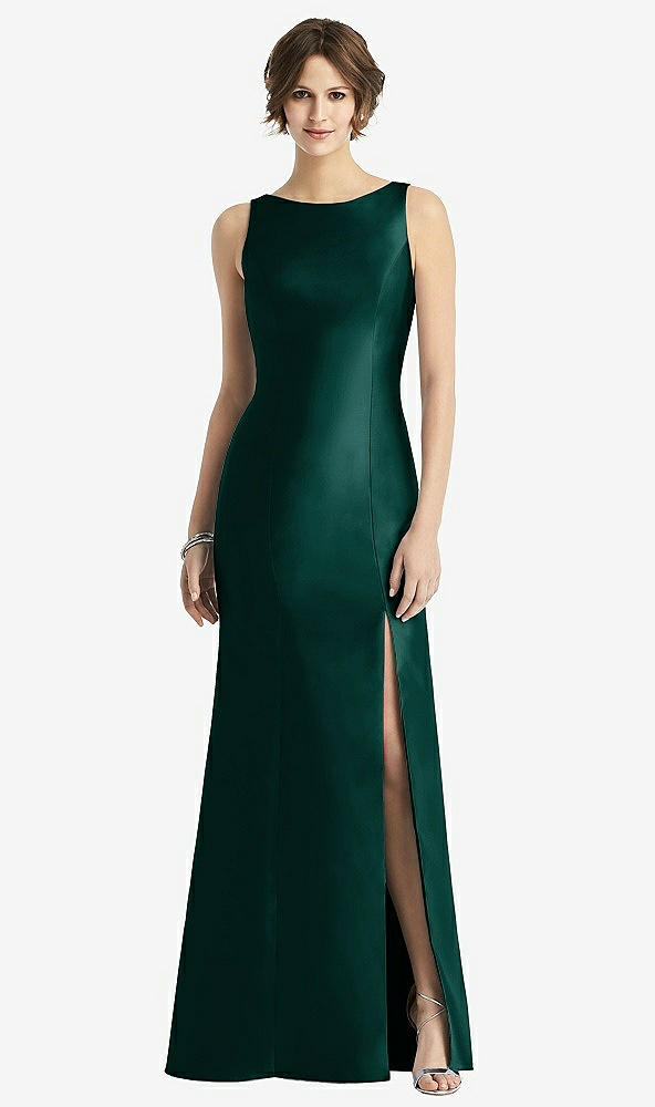 Front View - Evergreen Sleeveless Satin Trumpet Gown with Bow at Open-Back
